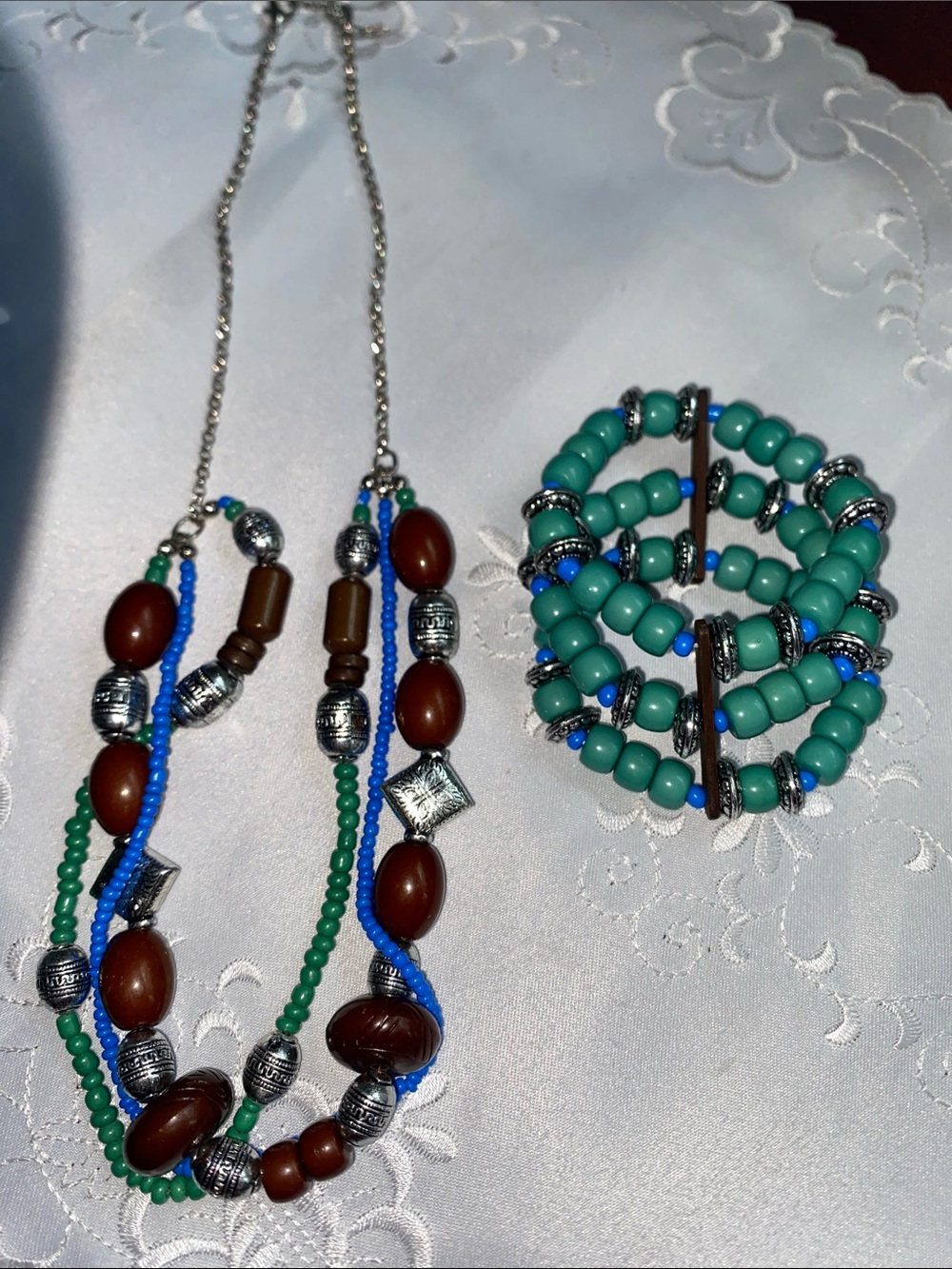 Vintage Expressions Beaded Multi-Strand Necklace & Bracelet Set - Turq. & Brown
